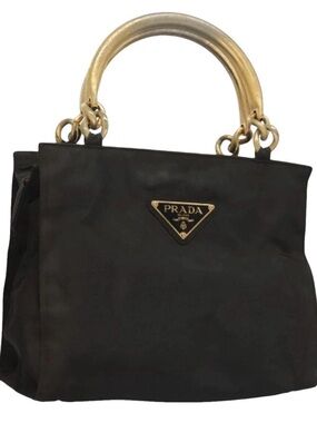 Prada Black Nylon Satchel with Gold-Tone Arched Handles and Triangle Logo